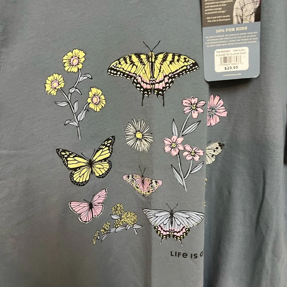 Life Is Good crusher Women’s Slate Blue Gray collection butterflies Tee shirt L - Picture 2 of 10